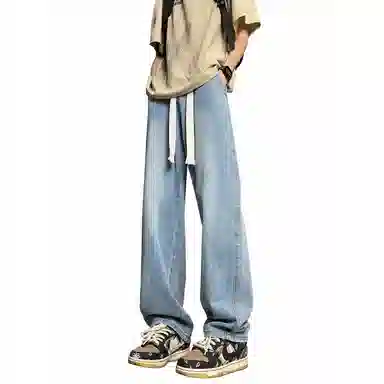 加菲猫家族 美式高街潮流复古水洗做旧宽松简约舒适透气系带松紧日常通勤时尚百搭直筒垂感中腰牛仔裤 男女同款