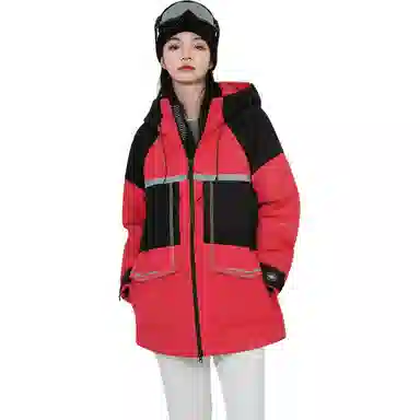 鸭鸭 中长款撞色拼接连帽羽绒服 男女同款