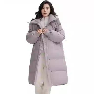 鸭鸭 纯色加厚中长款连帽拉链羽绒服 女款