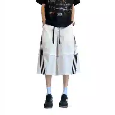 哲源 美式高街复古可拆卸条纹速干七分裤潮流时尚侧边三条杠织带薄款速干宽松篮球运动过膝休闲短裤 男女同款