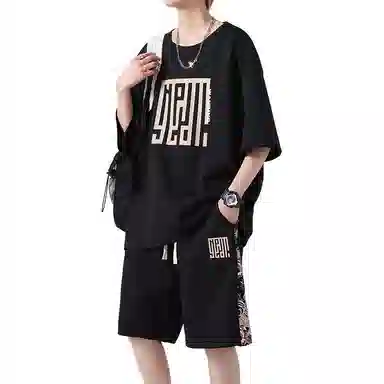 顶峰保罗 新中式印花短袖上衣宽松潮流时尚短裤休闲运动套装 男女同款