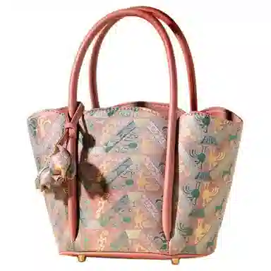 上海故事 时尚百搭经典 牛皮拼桑蚕丝 菜篮子包手提包 女款 粉色