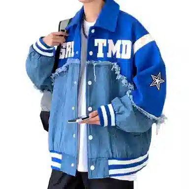 美式复古拼接字母刺绣宽松百搭牛仔外套棒球服 男女同款