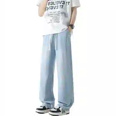 美式高街夏季薄款水洗做旧宽松直筒阔腿百搭休闲裤牛仔裤 男女同款