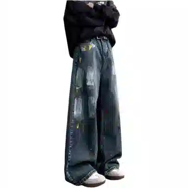 沐诚阳译 潮牌设计感漆点秋季宽松直筒裤子情侣款休闲长裤牛仔裤 男女同款