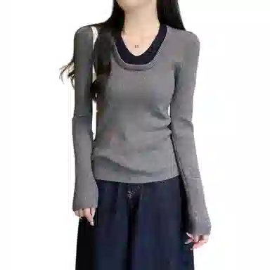 水中花 修身撞色假两件打底针织衫 女款