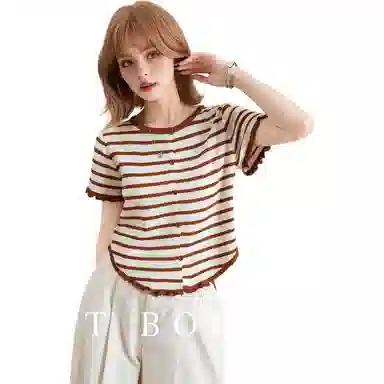 法文箱子 撞色圆领修身短袖针织衫 女款