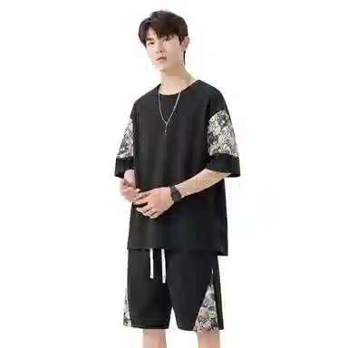 顶峰保罗 冰丝薄款圆领刺绣拼接短袖舒适潮流短裤一整套搭配无性别主义松紧腰弹力凉感透气百搭宽松时尚健身跑步速干休闲运动套装 男女同款