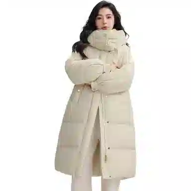 鸭鸭 纯色加厚中长款连帽拉链羽绒服 女款