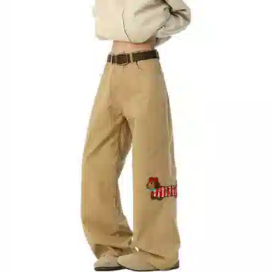 顶峰保罗 美式腊肠小狗刺绣直筒阔腿长裤百搭宽松重磅情侣潮牌凉感透气设计感显瘦显高休闲裤 男女同款