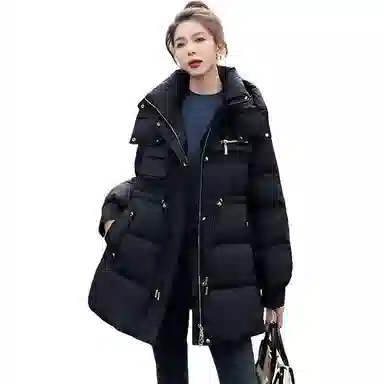 鸭鸭 韩版时尚印花收腰纯色简约立领连帽通勤甜美校园风羽绒服 女款