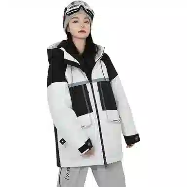 鸭鸭 中长款撞色拼接连帽羽绒服 男女同款