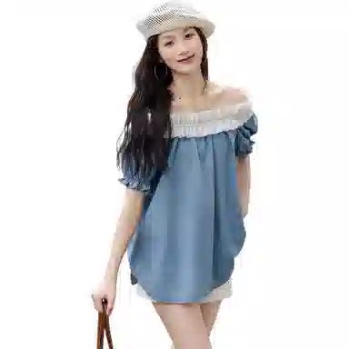 【dme】 拼接撞色一字领短袖衬衫 女款 蓝色