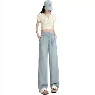 玫丝朵 纯色直筒垂感阔腿高腰牛仔裤 女款