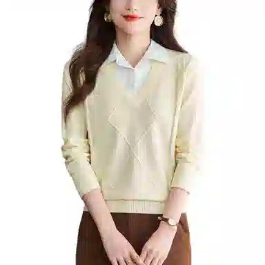 曲韩 翻领套头简约长袖针织衫 女款