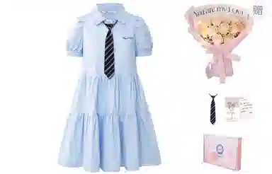 东鲸岁时记 学院风夏日多巴胺初恋清纯奶甜尖领女装字母刺绣宽松显瘦泡泡袖短袖连衣裙 女款 礼盒装 蓝色北海道牛乳