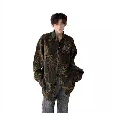 美式高街复古豹纹水洗宽松舒适单排扣夹克潮流百搭牛仔外套长袖衬衫 男女同款