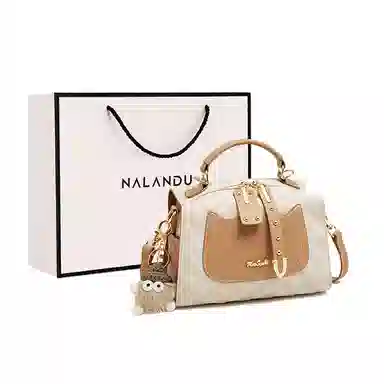 纳兰杜 女包撞色波士顿包包女大容量百搭通勤简约 牛皮合成革 手提包单肩斜挎包手拎包 小号 女款 米白拼杏