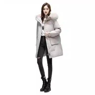 鸭鸭 纯色毛领连帽拉链中长款长袖羽绒服 女款