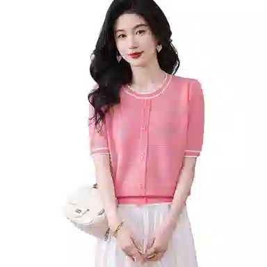 曲韩 提花气质爱心短袖圆领针织衫 女款
