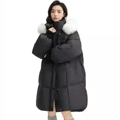 鸭鸭 通勤长款纯色连帽简约保暖羽绒服 女款