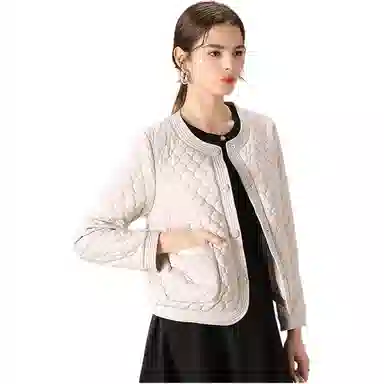 粉红玛琍 纯色圆领短款棉服 女款 白色