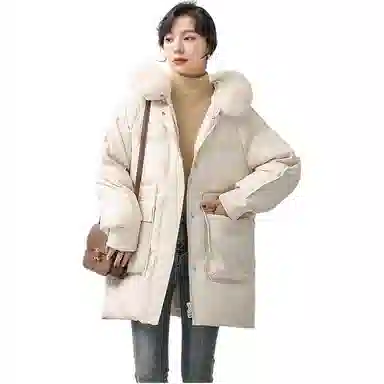 鸭鸭 纯色连帽毛领拉链中长款长袖羽绒服 女款