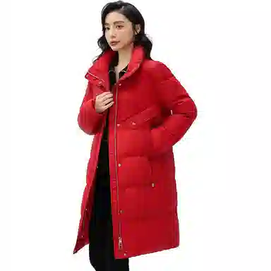 鸭鸭 纯色拉链修身立领中长款羽绒服 女款