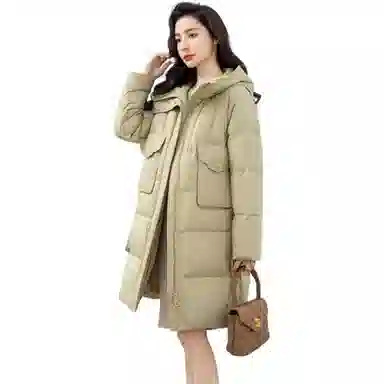 鸭鸭 纯色加厚中长款连帽拉链舒适休闲长袖羽绒服 女款