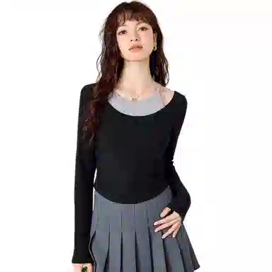 法文箱子 拼色假两件拼接长袖针织衫 女款