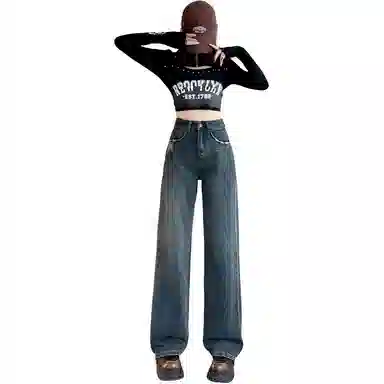 法文箱子 复古高腰直筒牛仔裤 女款