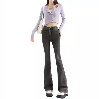 法文箱子 高腰修身微喇牛仔裤 女款