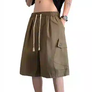 顶峰保罗 美式纯棉机能潮牌宽松百搭简约五分裤薄款透气无性别主义松紧腰直筒运动多口袋工装痞帅休闲短裤 男女同款