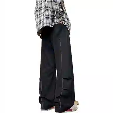 美式复古纯色基础款中腰拼接明线褶皱弯刀裤加绒加厚裤子宽松大码卫裤直筒阔腿休闲长裤简约百搭重磅垂感针织运动裤 男女同款