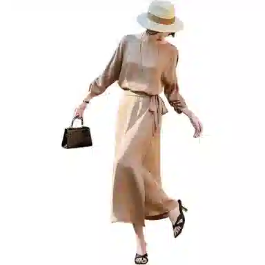 【dme】 缎面茶歇裙静奢风围裹式设计感简约圆领通勤系带收腰七分袖长袖连衣裙 女款