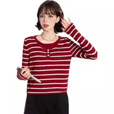 法文箱子 休闲条纹圆领长袖针织衫 女款