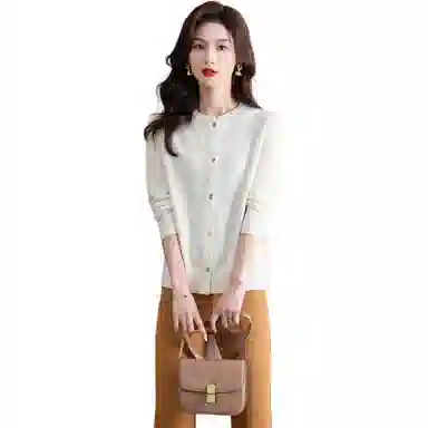 恒源祥 圆领时尚开衫通勤百搭纯色长袖针织衫 女款