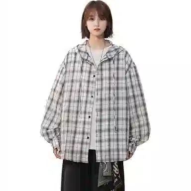 佑麟 美式复古连帽格子衬衫男长袖潮牌情侣泡泡纱衬衣夏季薄款防晒外套上衣 男女同款