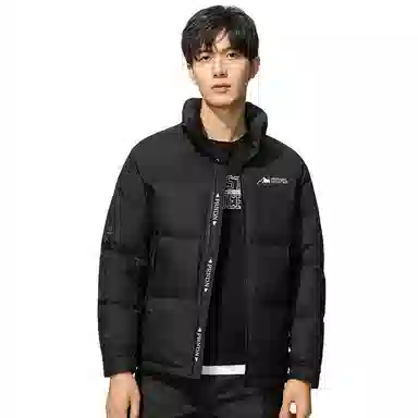 鸭鸭 时尚韩版字母拼色满印短款立领户外休闲防寒面包羽绒服 男款