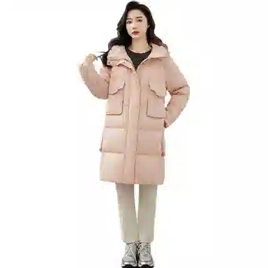 鸭鸭 纯色加厚中长款连帽拉链舒适休闲长袖羽绒服 女款