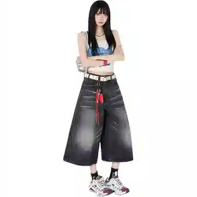 么宁 高腰适中合身阔腿牛仔裤 女款