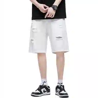 吉肯蒂 破洞宽松直筒简约休闲时尚百搭舒适牛仔短裤 男款 白色
