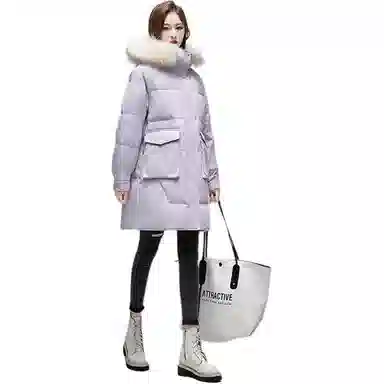 鸭鸭 纯色毛领连帽拉链中长款长袖羽绒服 女款