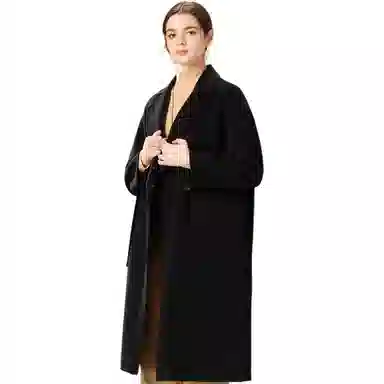 粉红玛琍 纯色中长款西装领大衣 女款 黑色