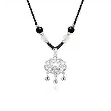 【999纯银 转运平安】足银福运平安锁 七好美银 新中式国风招财纳福小众设计编织简约时尚百搭长命锁本命年#好运 玛瑙 项链 男女同款情侣款