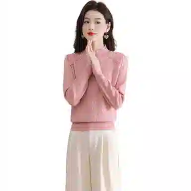 恒源祥 半高领花边蕾丝拼接打底纯色长袖针织衫 女款