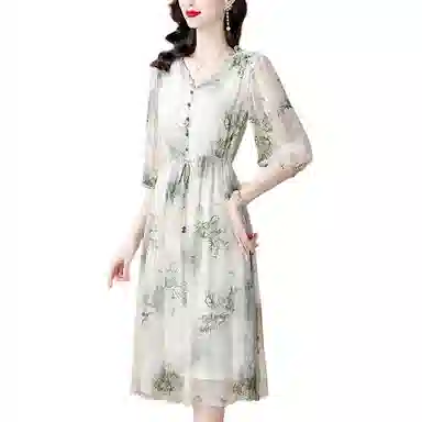 水中花 中年妈妈气质舒适简约优雅裙子短袖连衣裙 女款
