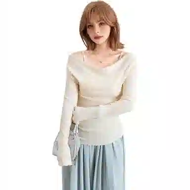 法文箱子 假两件纯色长袖荡领针织衫 女款