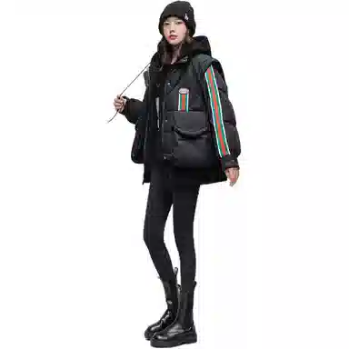 鸭鸭 条纹连帽拉链长袖羽绒服 女款