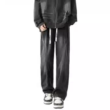 布客行 美式高街潮牌复古水洗渐变做旧拼接宽松直筒垂感抽绳休闲牛仔裤 男女同款